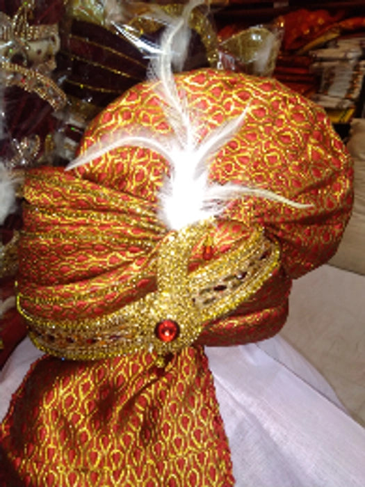 Men's Wedding Red and Gold Brocade Fabric Turban